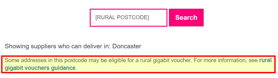 Screenshot of broadband postcode checker for rural residents and business
