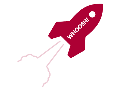 A red cartoon spacheship with the word &#039;whoosh!&#039; on the side, blasting off